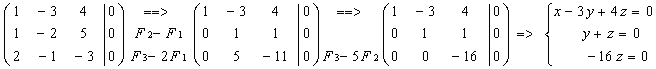 sistema de 3x3 homogéneo resuelto por Gauss